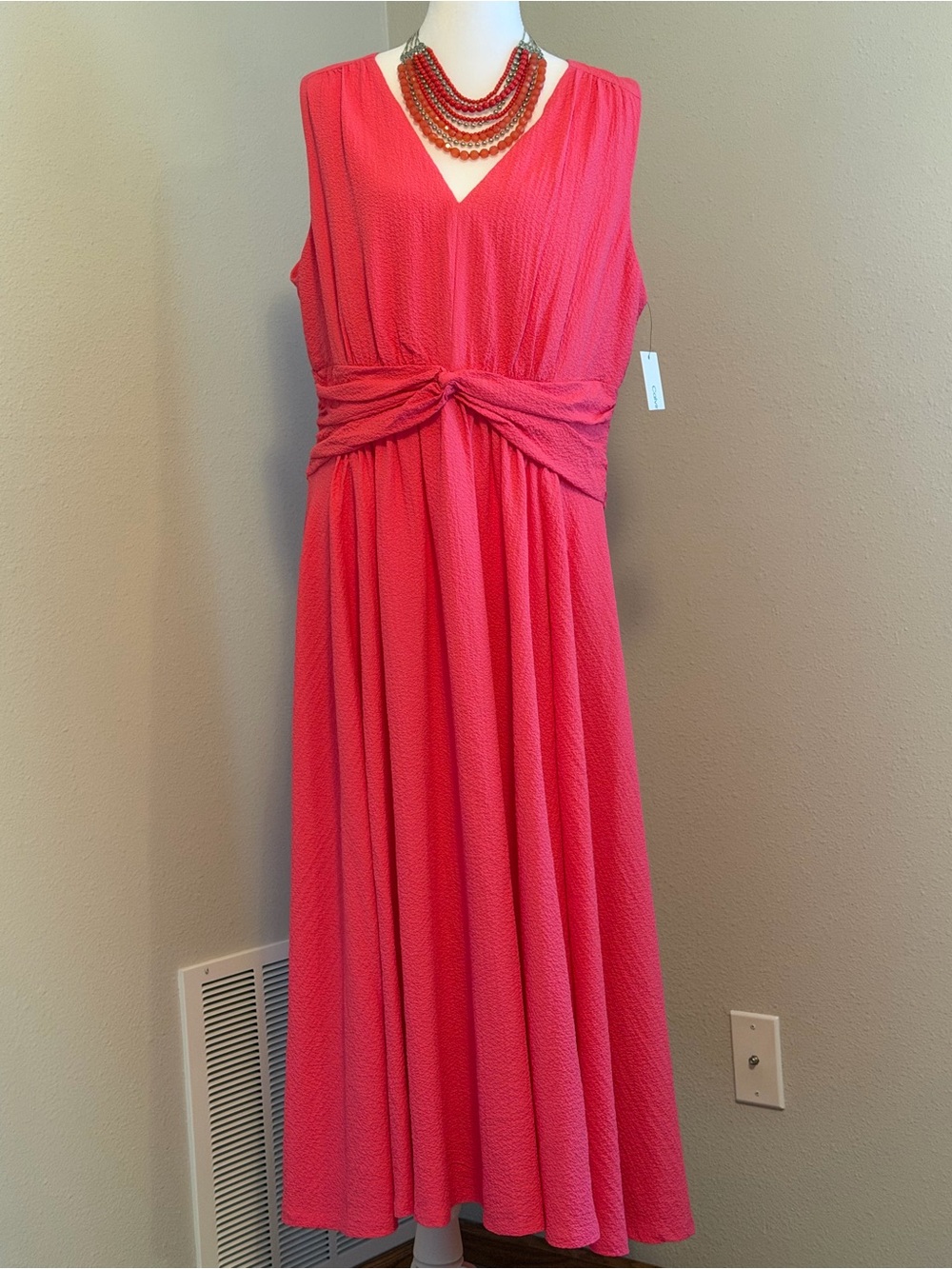 Calvin Klein Pink/Coral V-Neck Knot-Waist Midi Dress w/necklace
